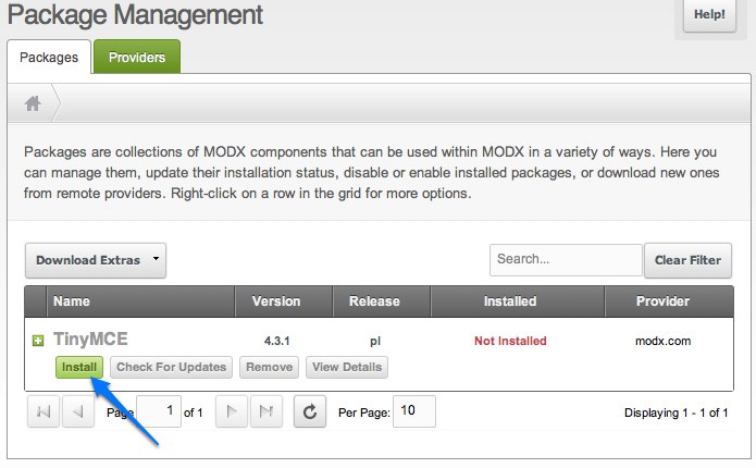 Configure MODX Revolution - install extras